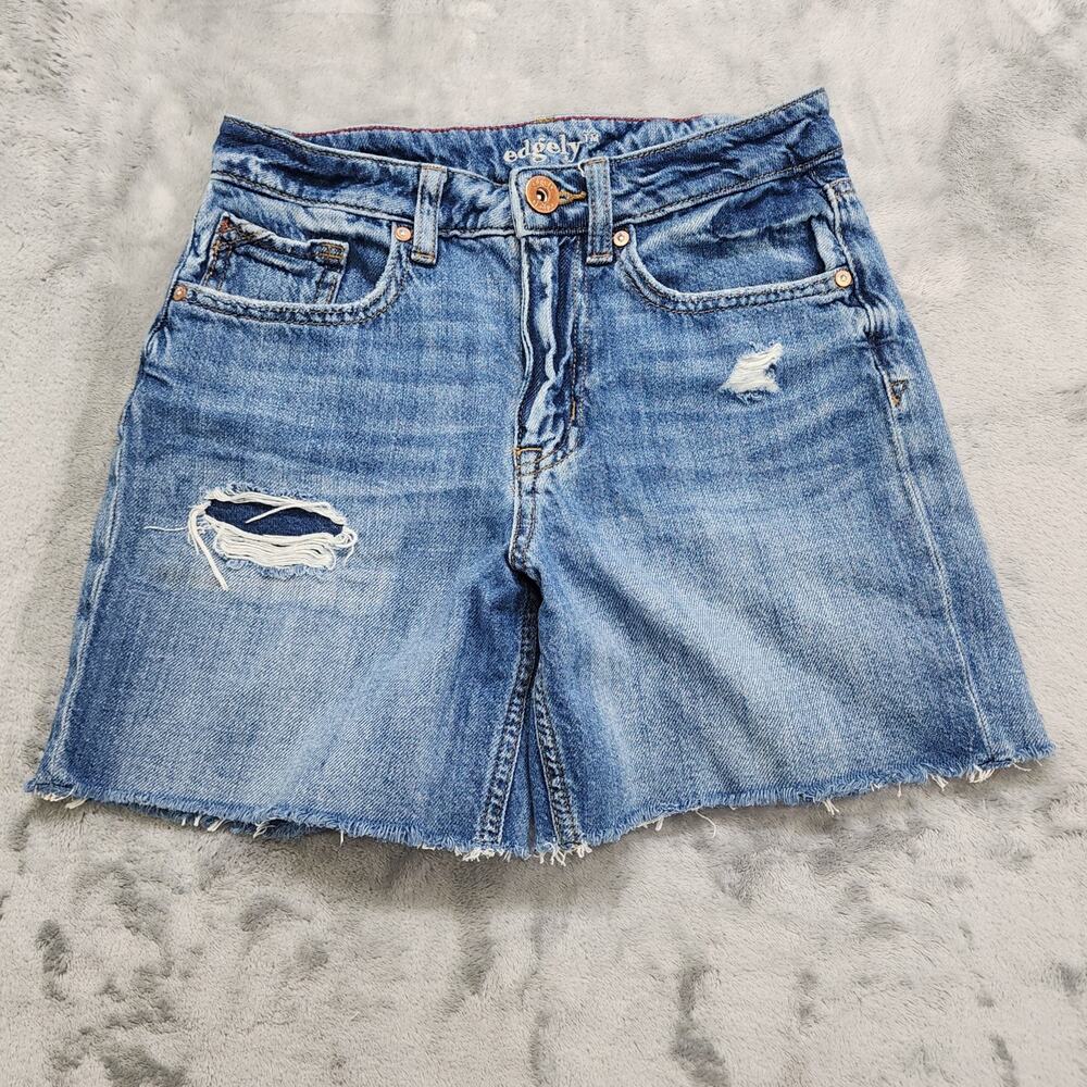 Maurices‎ Edgely Shorts Womens 0 Blue High Rise Distressed Cut Off Stretch Denim